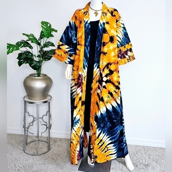 Long African Kimono Headwrap |Full Length African Print Jacket Ankara Robe - NEW - Picture 1 of 2